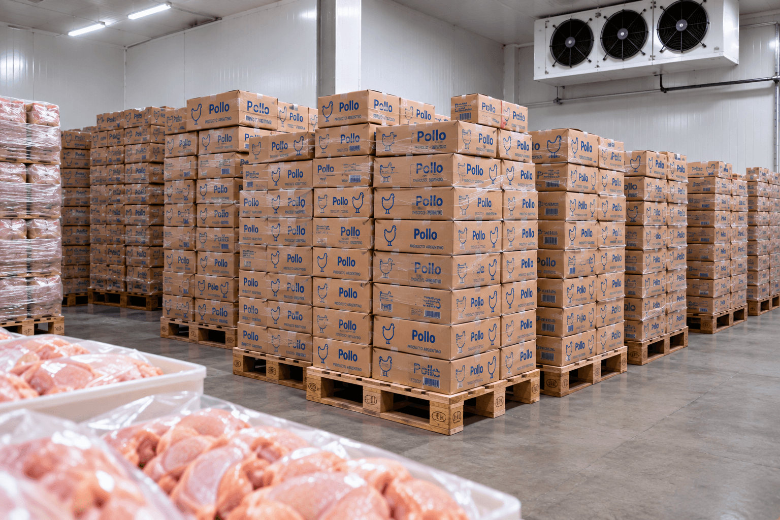 Cámara frigorífica con pallets de cajas de pollo para venta mayorista