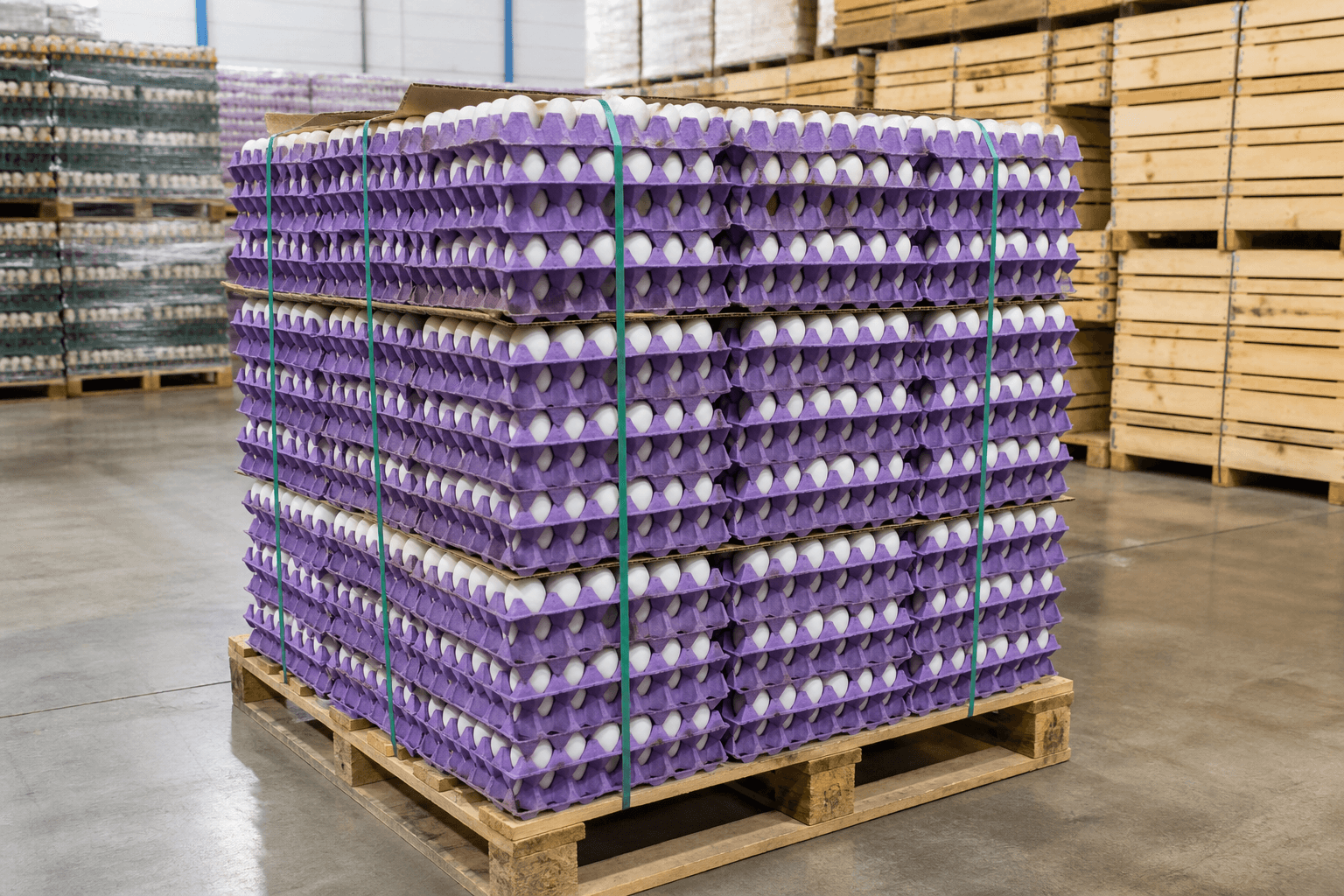 Pallet de huevos blancos en maples violetas para venta mayorista